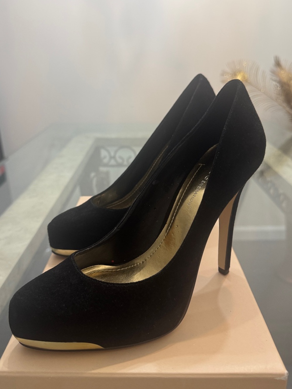 BCBGeneration Black Suede Platform Stiletto Pumps with Gold Accent